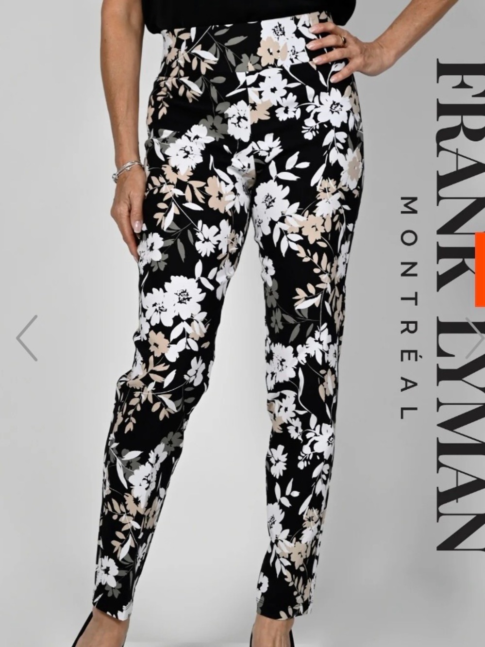 Frank Lyman Design Black Floral Ankle Pants with White & Beige Accents
